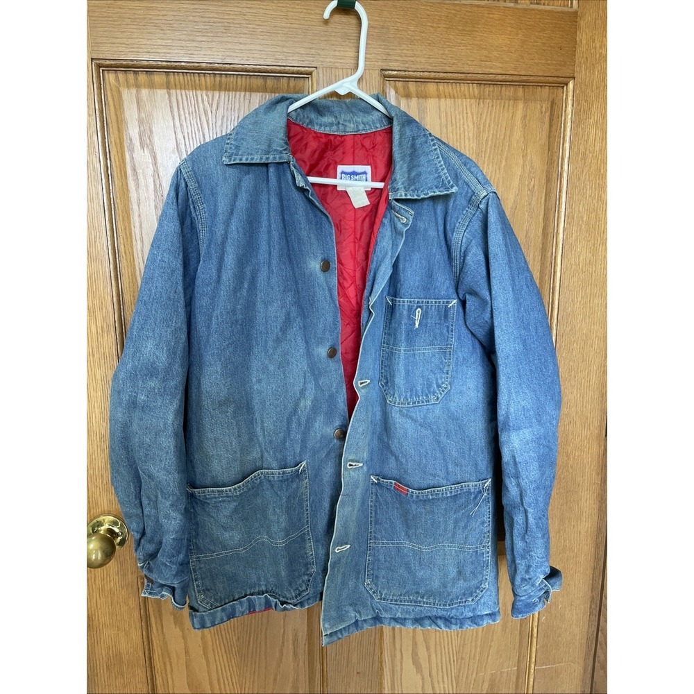 Vintage Big Smith Denim Chore Coat Red Quilted Lined Work Jacket Blue Mens